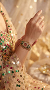 Gold Green Red Cz Ethnic Bracelet Watch side view, Cunei India