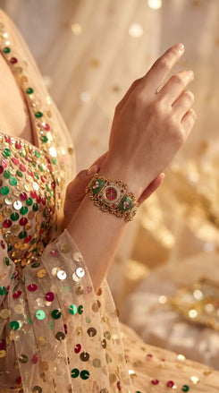 Gold Green Red Cz Ethnic Bracelet Watch side view, Cunei India