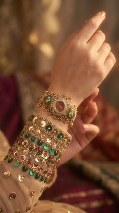 Gold Green Red Cz Ethnic Bracelet Watch detail, Cunei India