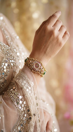 Gold, Green and Red CZ Open-Work Watch for Women, side view, Cunei India