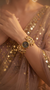 Gold, Green, and Red Pearl Ethnic Wrist Watch side view, Cunei India