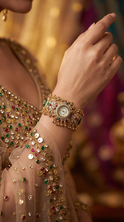 Gold, Green, and Red Cz Ethnic Bracelet Watch product photo, Cunei India