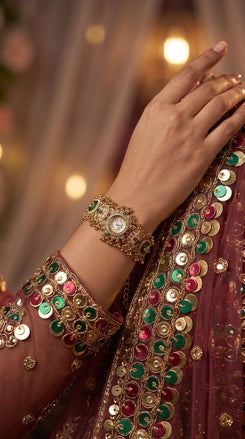 Gold, Green, and Red Cz Ethnic Bracelet Watch detail, Cunei India