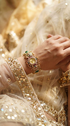 Gold, Green and Red Ornate Kundan Studded CZ Watch for Women, product photo, Cunei India