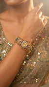 Gold, Green and Red Ornate Kundan Studded CZ Watch for Women, detail, Cunei India