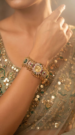 Gold, Green and Red Ornate Kundan Studded CZ Watch for Women, detail, Cunei India