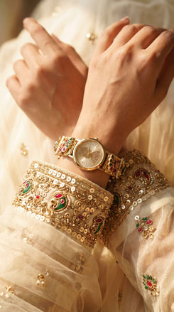 Imperial Gold, Green and Red Paisley Motif Pearl Kundan Enamel Watch, product photo, Cunei India