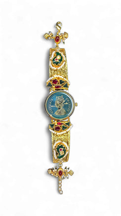 Gold, Green, and Red Pearl Ethnic Bracelet Watch for women, Cunei India