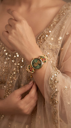 Gold, Green, and Red Pearl Ethnic Bracelet Watch side view, Cunei India