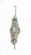 Gold, Green, Red and White Kundan Studded Pearl CZ Watch for Women, side view, Cunei India
