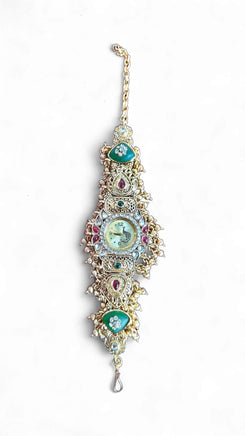 Gold, Green, Red and White Kundan Studded Pearl CZ Watch for Women, side view, Cunei India