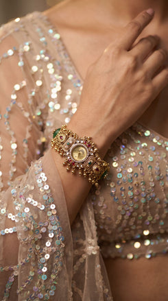 Gold, Green, Red and White Kundan Studded Pearl CZ Watch for Women, product photo, Cunei India