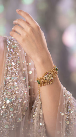 Gold, Green, Red and White Kundan Studded Pearl CZ Watch for Women, detail, Cunei India