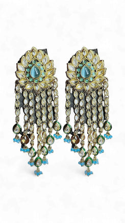 Gold Mint Green and Blue Kundan Cascading Dangling Earrings for women, Cunei India