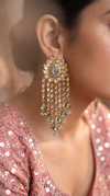 Gold Mint Green and Blue Kundan Cascading Dangling Earrings detail, Cunei India