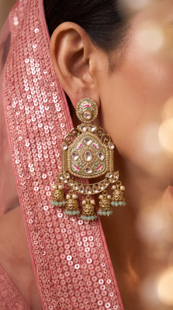 Gold Mint Pink and White Kundan Ethnic Hanging Earrings side view, Cunei India