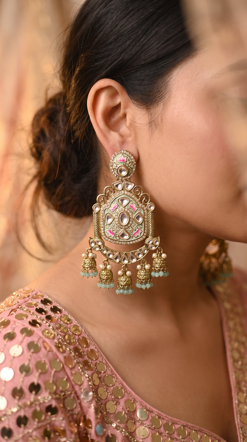 Gold Mint Pink and White Kundan Ethnic Hanging Earrings product photo, Cunei India