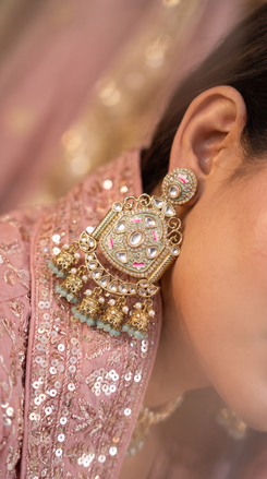 Gold Mint Pink and White Kundan Ethnic Hanging Earrings detail, Cunei India