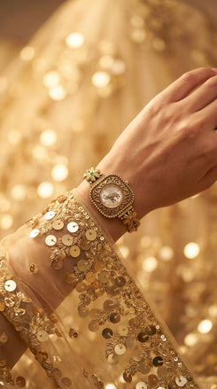 Gold with Red and Green Accents Crystal Ethnic Wrist Watch side view, Cunei India