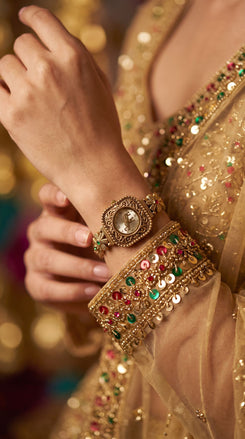 Gold with Red and Green Accents Crystal Ethnic Wrist Watch detail, Cunei India