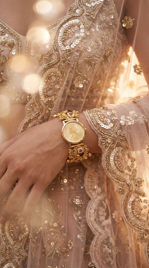 Gold with Red and Green Accents Pearl Ethnic Bracelet Watch detail, Cunei India