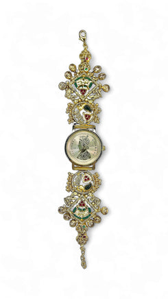 Gold with Red and Green Accents Pearl Ethnic Bracelet Watch for women, Cunei India