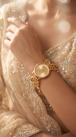 Gold with Red and Green Accents Pearl Ethnic Bracelet Watch side view, Cunei India