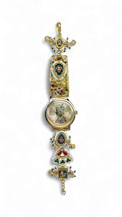 Gold with Red and Green Accents Pearl Ethnic Embellished Watch for women, Cunei India