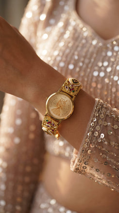 Gold with Red and Green Accents Pearl Ethnic Embellished Watch side view, Cunei India