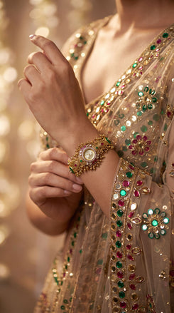 Gold, Red and Green Cz Ethnic Bracelet Watch detail, Cunei India