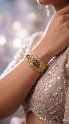 Gold with Red and Green Enamel Ethnic Bracelet Watch side view, Cunei India