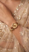 Gold Red Green Pearl Ethnic Watch side view, Cunei India