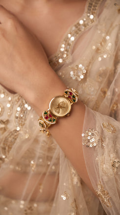 Gold Red Green Pearl Ethnic Watch side view, Cunei India