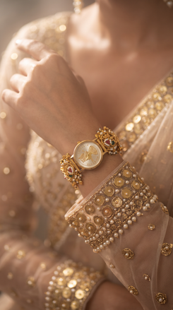 Gold, Red, and Green Pearl Ethnic Bracelet Watch side view, Cunei India
