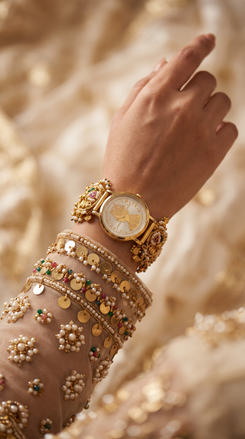 Gold, Red, and Green Pearl Ethnic Bracelet Watch product photo, Cunei India