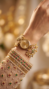 Gold, Red and Green Pearl Ethnic Bracelet Watch side view, Cunei India