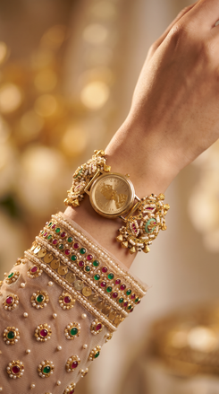 Gold, Red and Green Pearl Ethnic Bracelet Watch side view, Cunei India