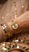 Gold Red Green Enamel Ethnic Wrist Watch side view, Cunei India