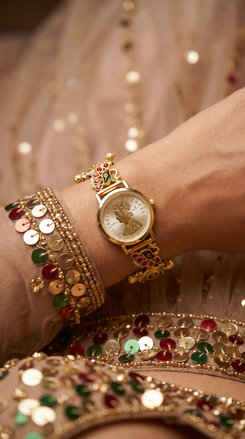 Gold Red Green Enamel Ethnic Wrist Watch side view, Cunei India