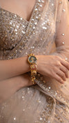 Gold Red Green Pearl Ethnic Bracelet Watch side view, Cunei India