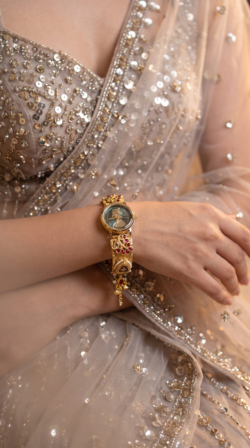 Gold Red Green Pearl Ethnic Bracelet Watch side view, Cunei India