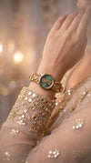 Gold Red Green Pearl Ethnic Bracelet Watch detail, Cunei India
