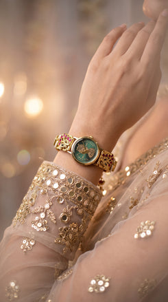 Gold Red Green Pearl Ethnic Bracelet Watch detail, Cunei India