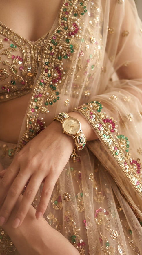 Imperial Gold, Red and Green Peacock Motif Pearl Enamel Open-Work Watch, for women, Cunei India