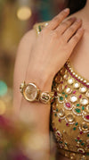 Imperial Gold, Red and Green Peacock Motif Pearl Enamel Open-Work Watch, side view, Cunei India
