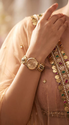 Imperial Gold, Red and Green Peacock Motif Pearl Enamel Open-Work Watch, detail, Cunei India