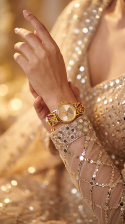 Gold, Red, Green, and White Pearl Ethnic Bracelet Watch side view, Cunei India