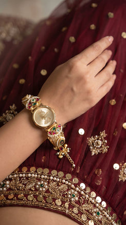 Imperial Gold, Red, Green and White Pearl Watch, product photo, Cunei India