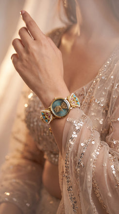 Gold Turquoise and Red Pearl Ethnic Bracelet Watch detail, Cunei India