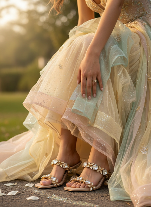 Gold and White Crystal Heels for Women - Party & Wedding Wear - Image 1 - Cunei India